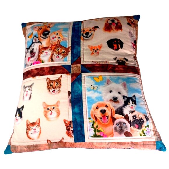 LikeNew Handmade Quilted Vintage 15"x15" Pillow With Funny Cats & Dogs Prints - Picture 7 of 8